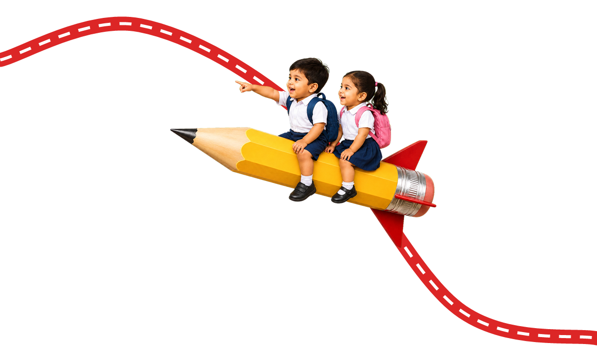 Kids Flying on Pencil Rocket