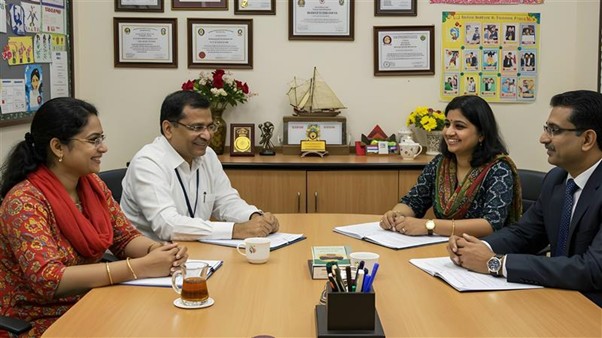 CBSE principal engaging with parents and staff in a collaborative discussion